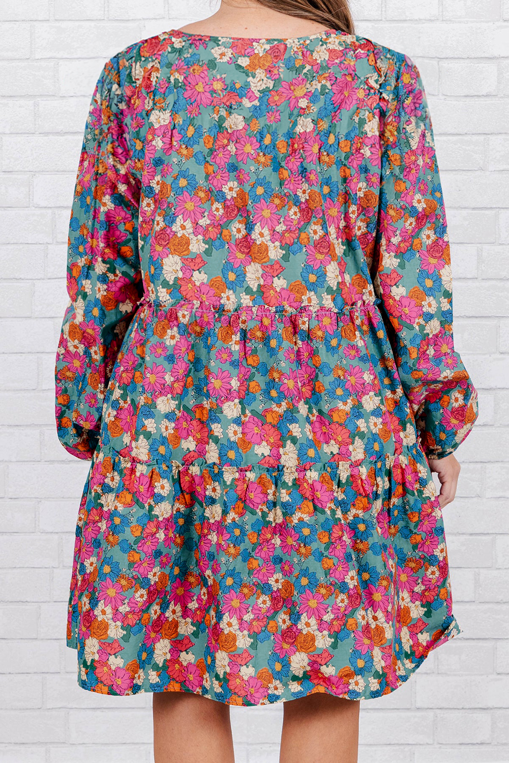 Sky Blue Plus Size Floral Print Shirred Ruffle Tiered Mini Dress - Image 8