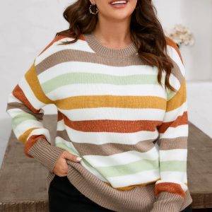 Multicolour Striped Colorblock Drop Shoulder Plus Size Sweater