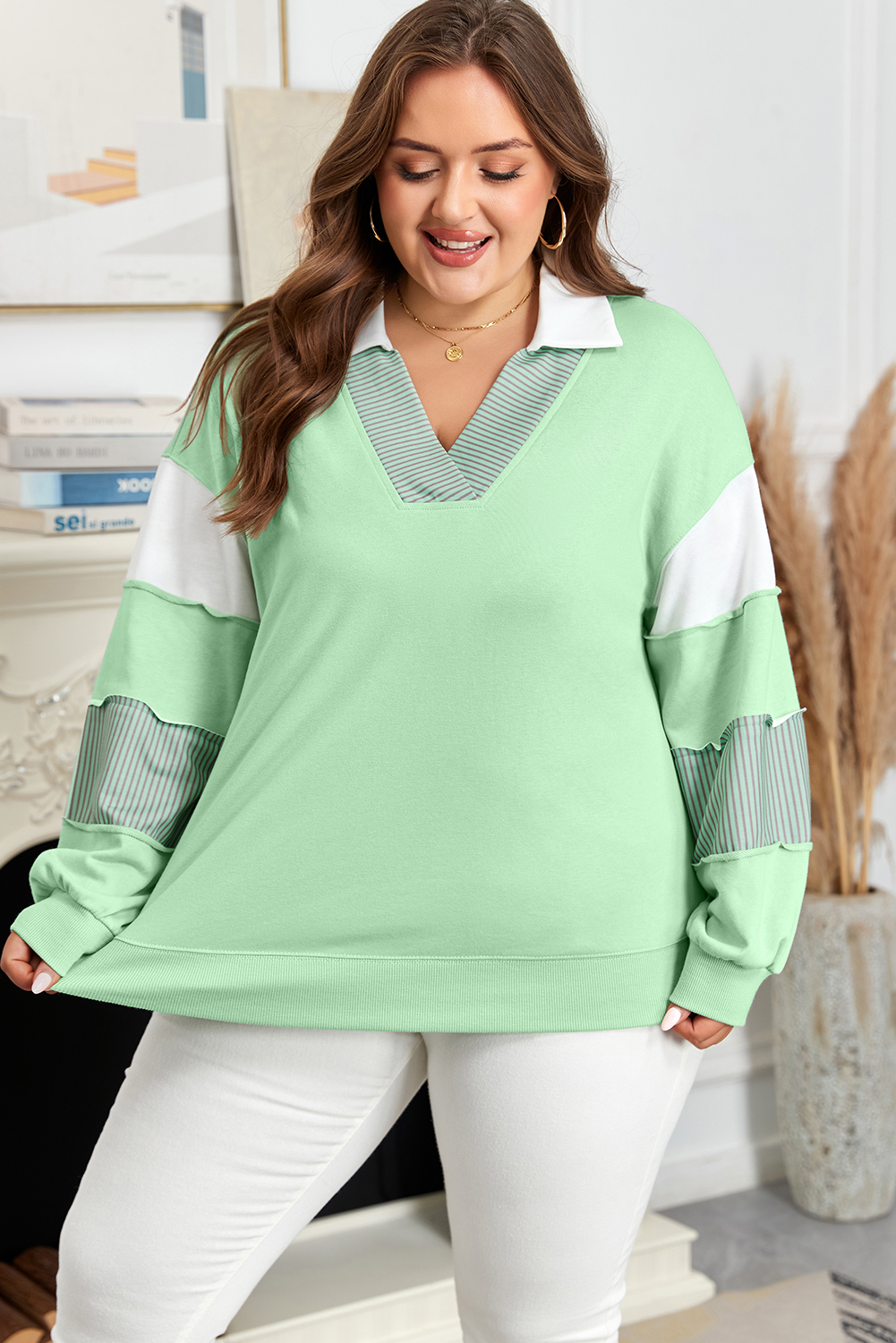 Moonlight Jade Color Block Striped Patchwork Collar V Neck Plus Size Sweatshirt - Image 4