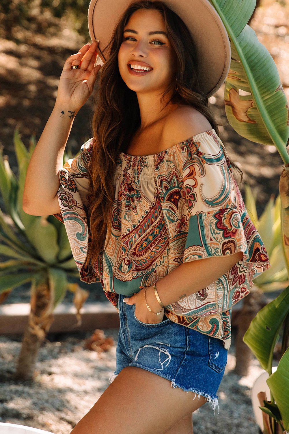Apricot Paisley Printed Shirred Off Shoulder Ruffled Draped Sleeve Blouse - Image 3