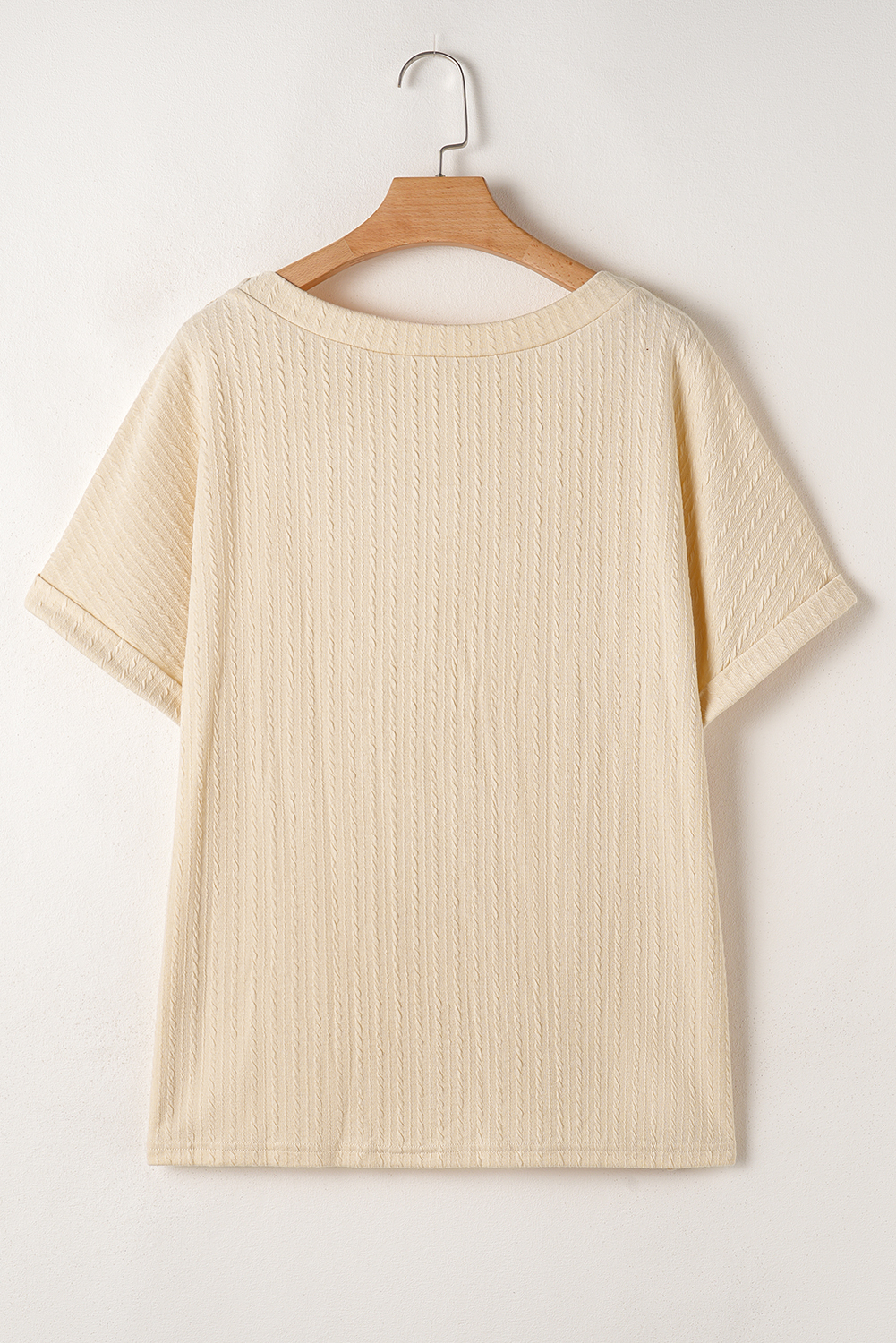 Beige Lace Crochet Patched Cable Textured Cuffed Short Sleeve Plus Size Top - Image 8