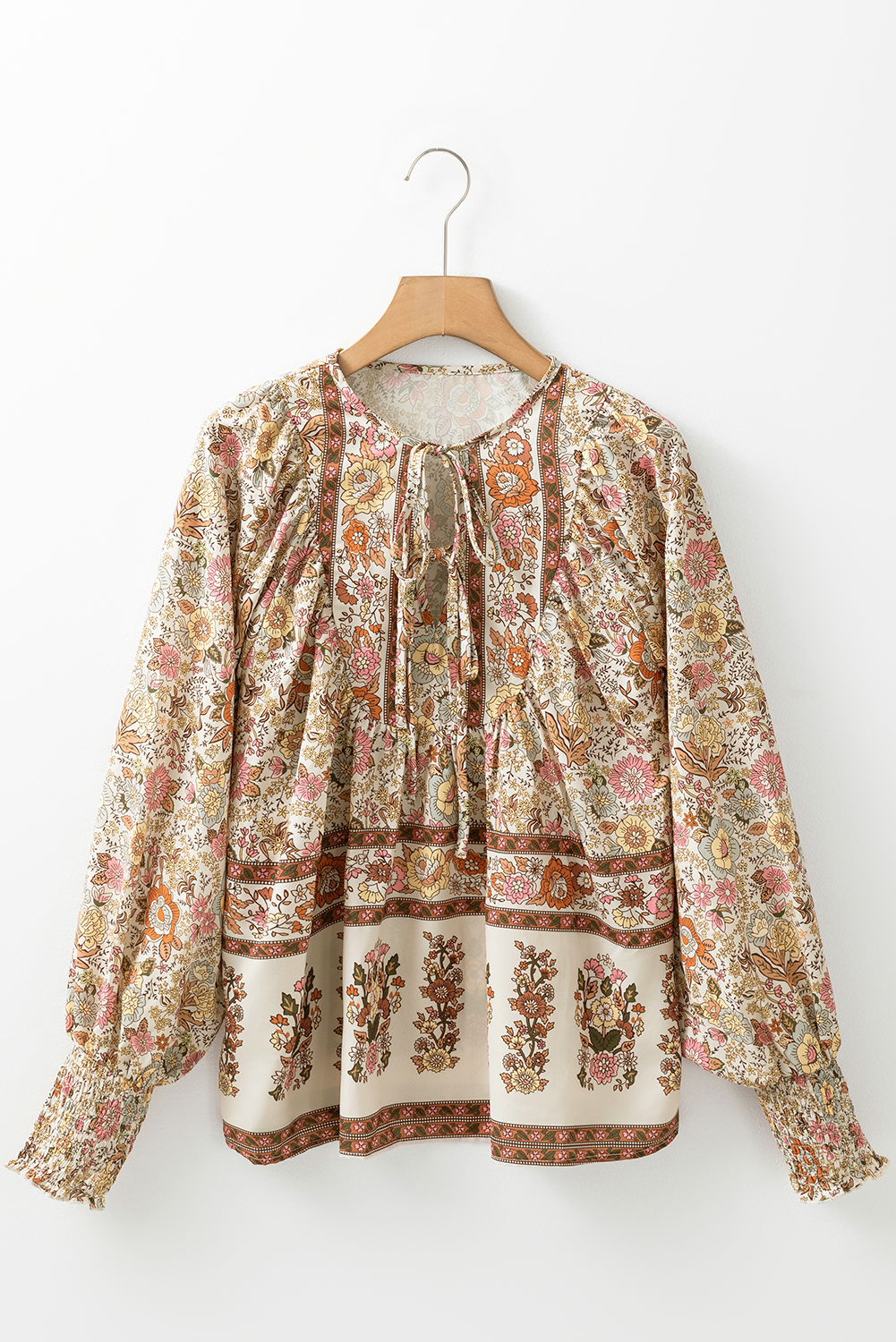 Yellow Floral Print Tie Neck Lantern Sleeve Blouse - Image 7