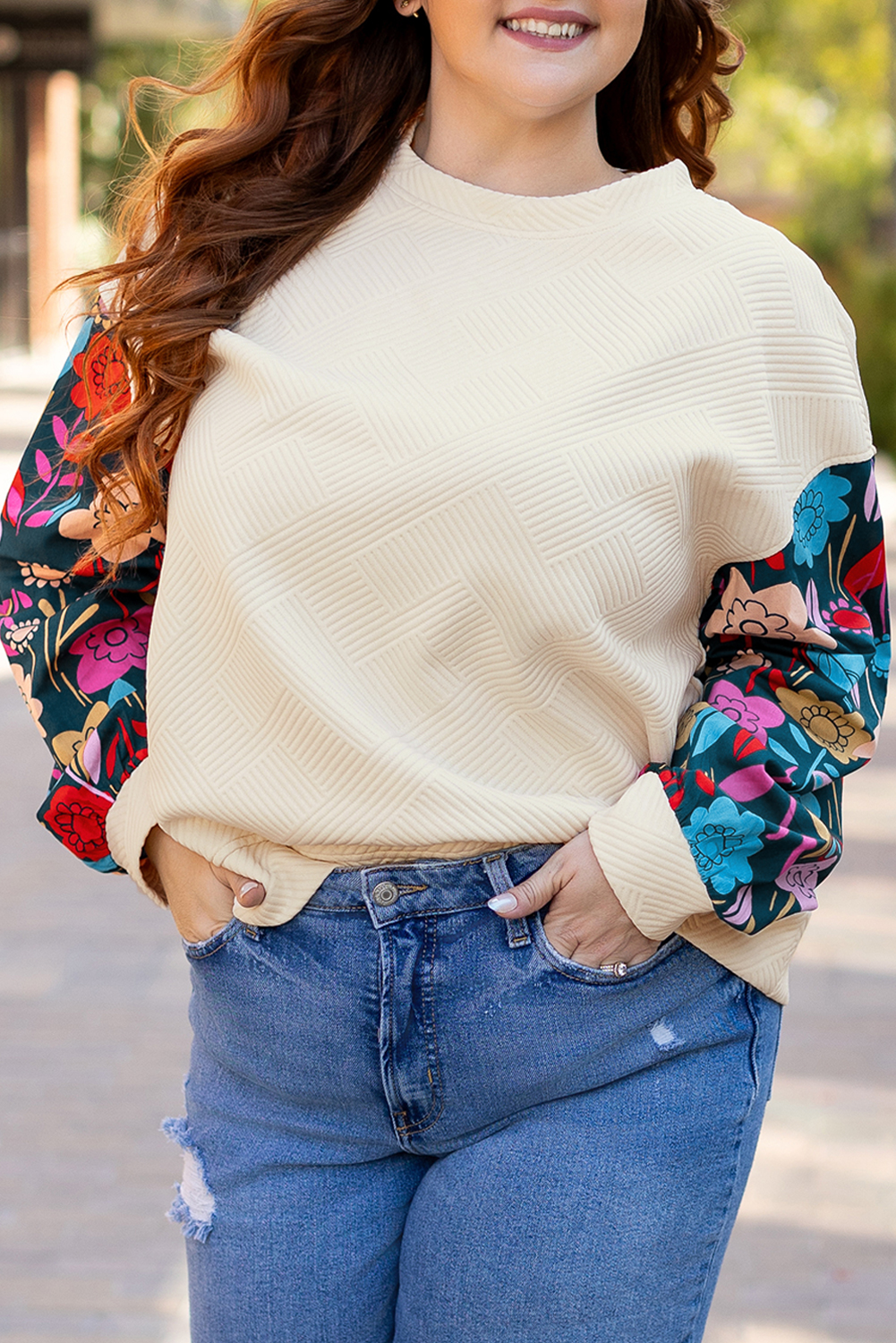 White Floral Patchwork Sleeve Textured Plus Size Pullover Top - Image 8