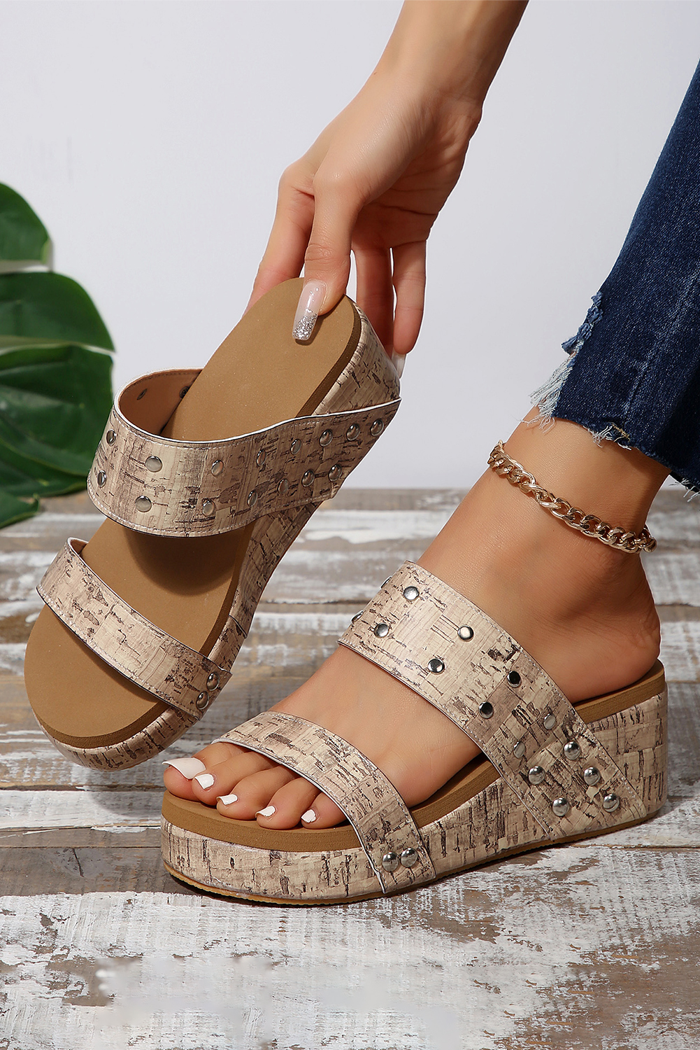 Camel Rivet Double Straps Wedge Slippers - Image 6