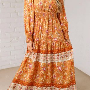 Orange Floral Print Smocked Waist Long Sleeve Boho Maxi Dress