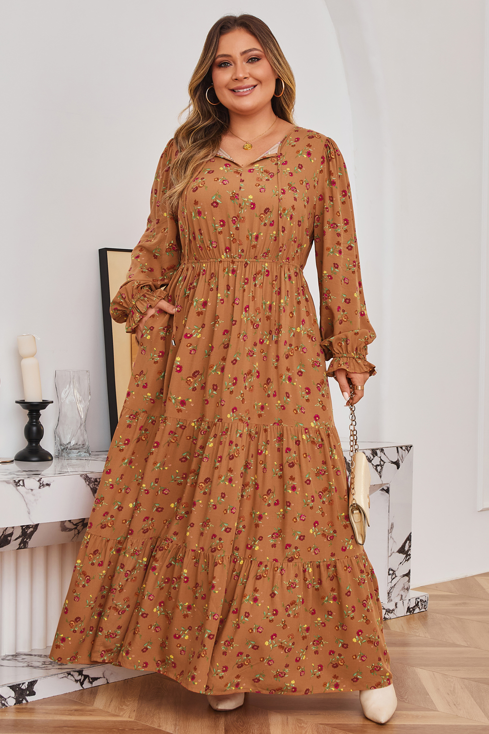 Brown Plus Size Floral Split V Neck Ruffled Sleeve Tiered Maxi Dress - Image 3