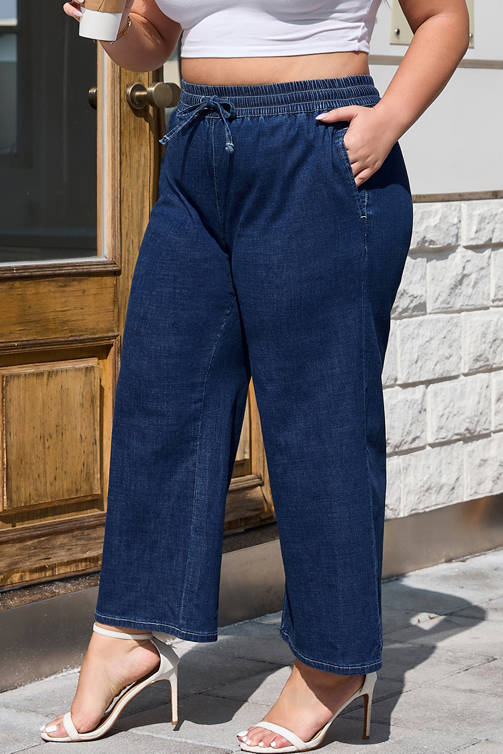 Real Teal Plus Size Drawstring High Waist Wide Leg Casual Jeans - Image 4