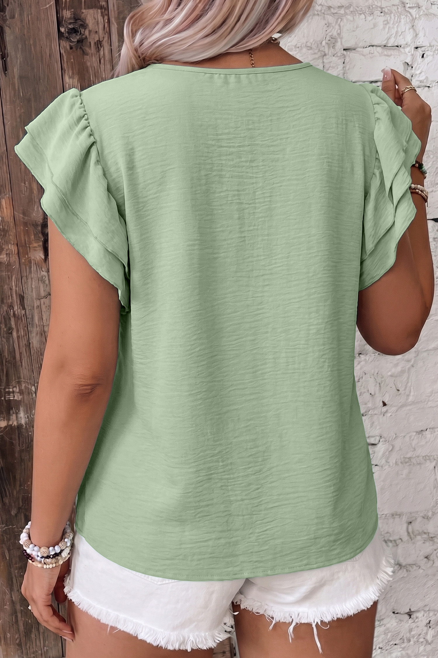 Clearly Aqua Plus Size Crew Neck Ruffle Sleeve Top - Image 2