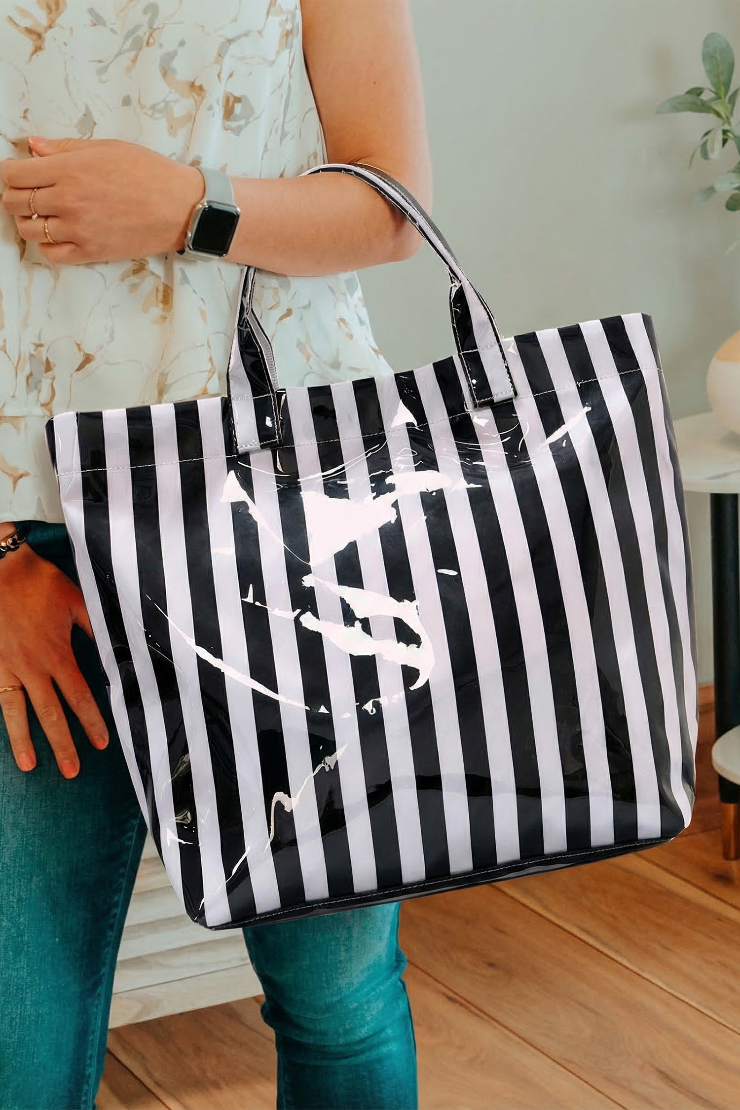 Rainbow Glossy Striped Vinyl Large Tote Bag - Image 10