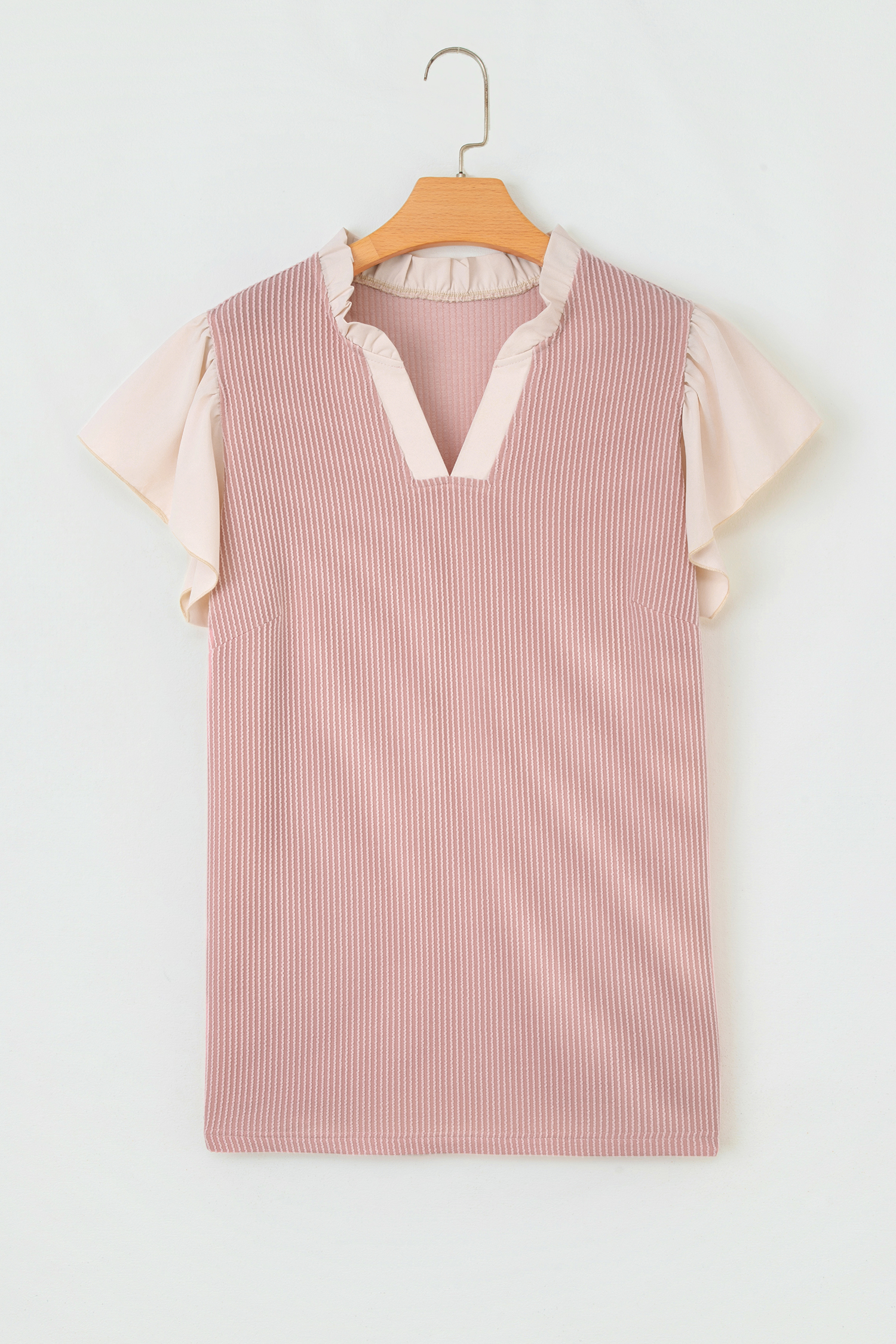 Fushia Plus Size Contrast Frilled Neckline Ruffled Short Sleeve Ribbed Textured Blouse - Image 3