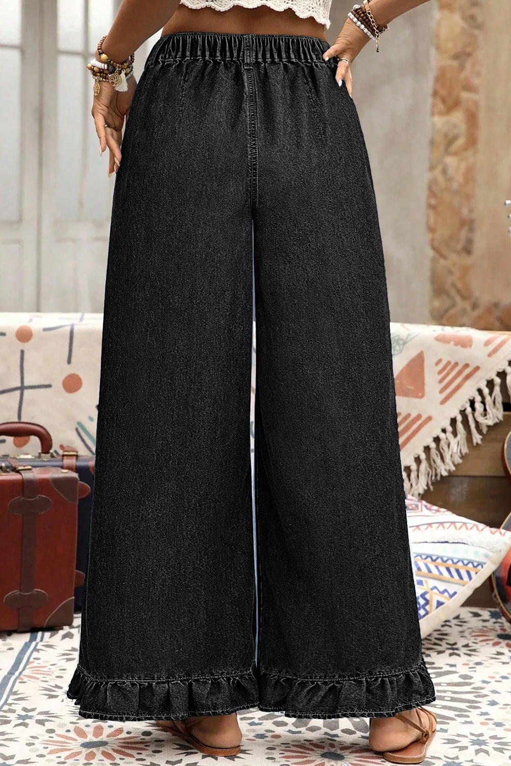 Black Plus Size Elastic Waist Ruffled Wide Leg Denim Pants - Image 2
