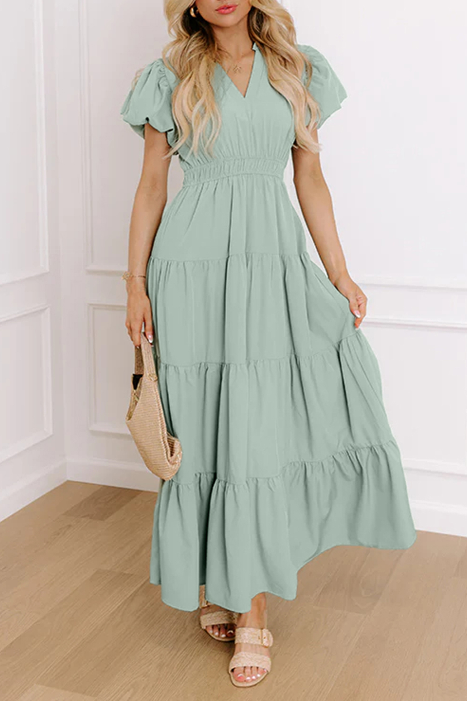 Gossamer Pink Solid Color V Neck Short Puff Sleeve High Waist Tiered Maxi Dress - Image 7
