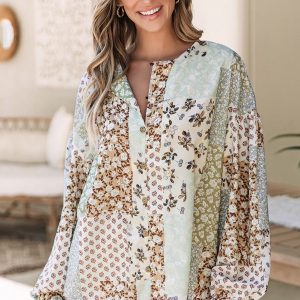 Multicolor Floral Patchwork Print Long Puff Sleeve Shirt