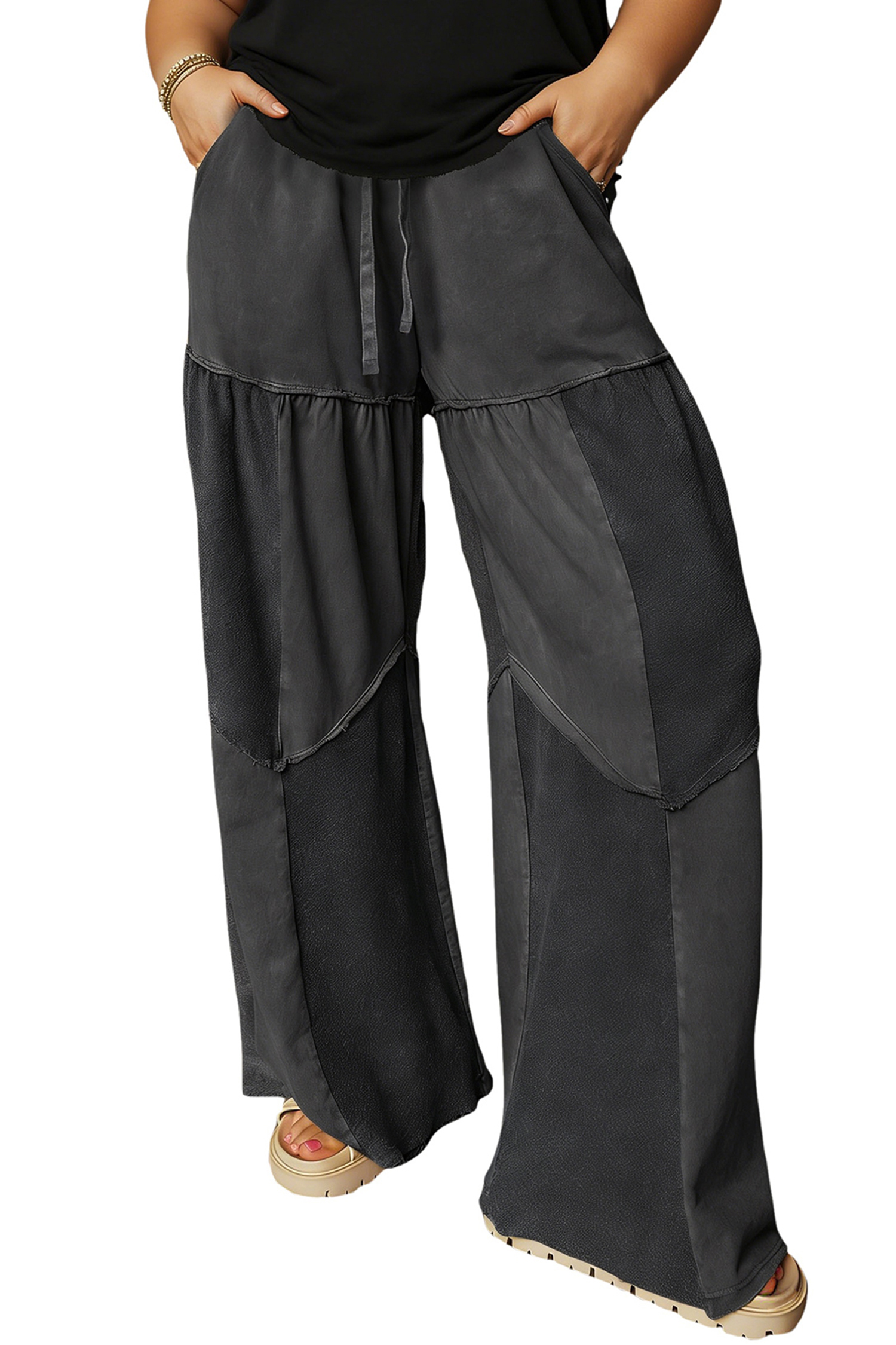Black Plus Size Mineral Wash Exposed Seam Patchwork Drawstring Loose Pants - Image 2