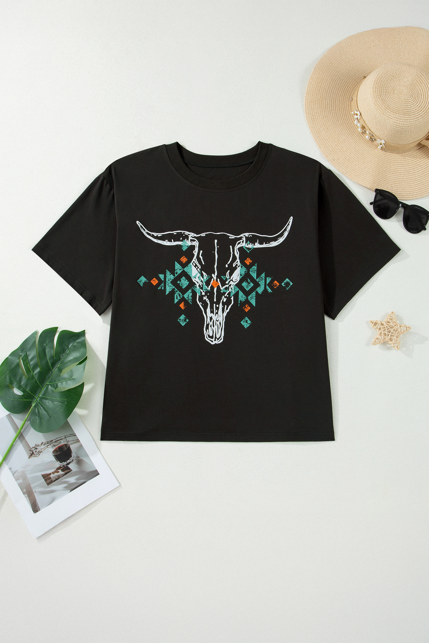 Carbon Grey Plus Size Western Aztec Bull Skull Printed T Shirt - Image 2
