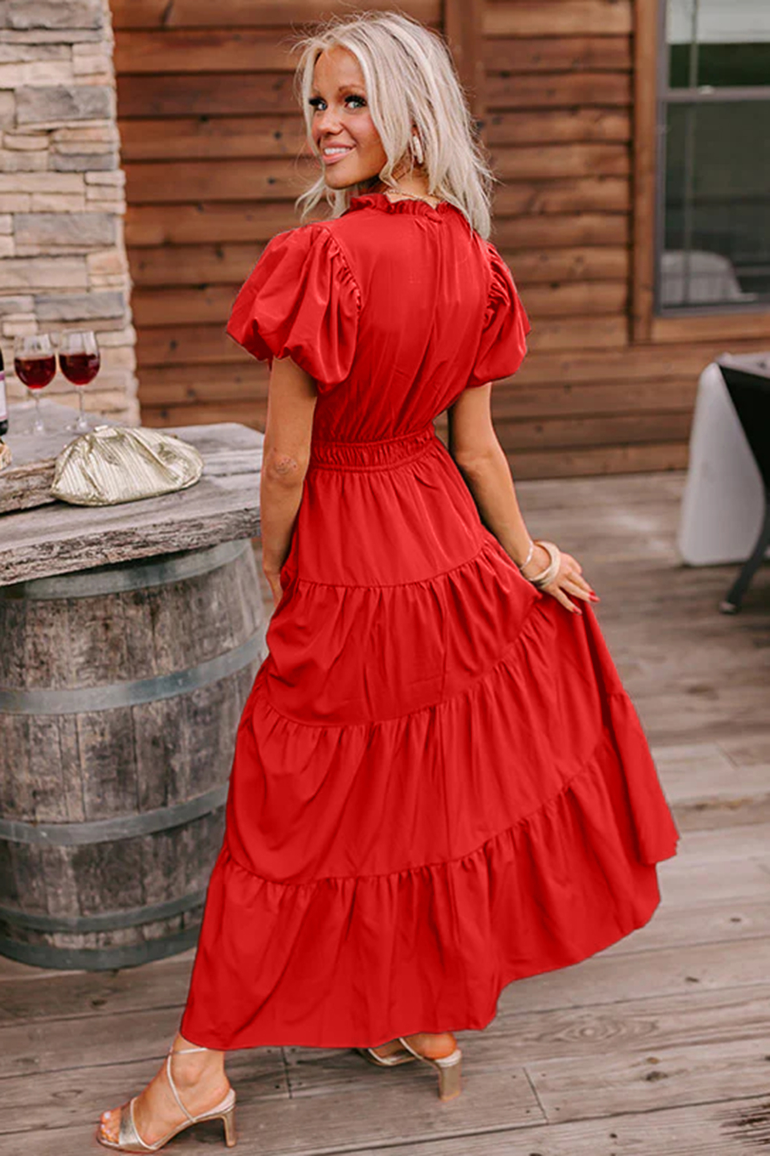 Gossamer Pink Solid Color V Neck Short Puff Sleeve High Waist Tiered Maxi Dress - Image 11