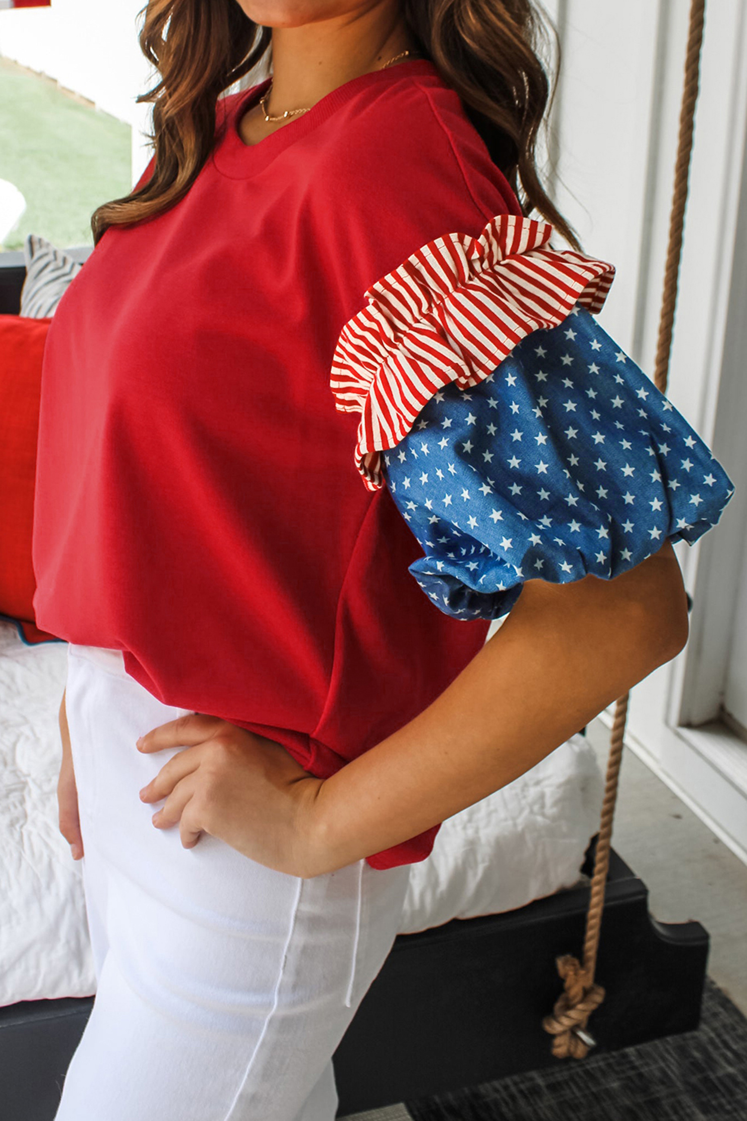 Fiery Red Plus Size Striped Ruffles Star Short Bubble Sleeve Patchwork Top - Image 2