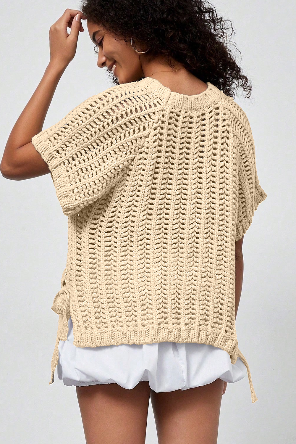 Ashleigh Blue Plus Size Open Knit Bow Tie Short Sleeve Sweater - Image 11