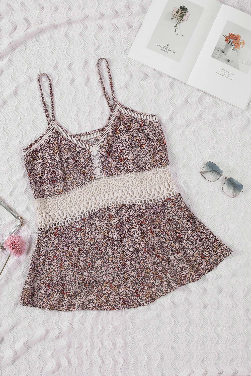 Multicolor Floral Print Lace Crochet Spaghetti Strap Tank Top - Image 5