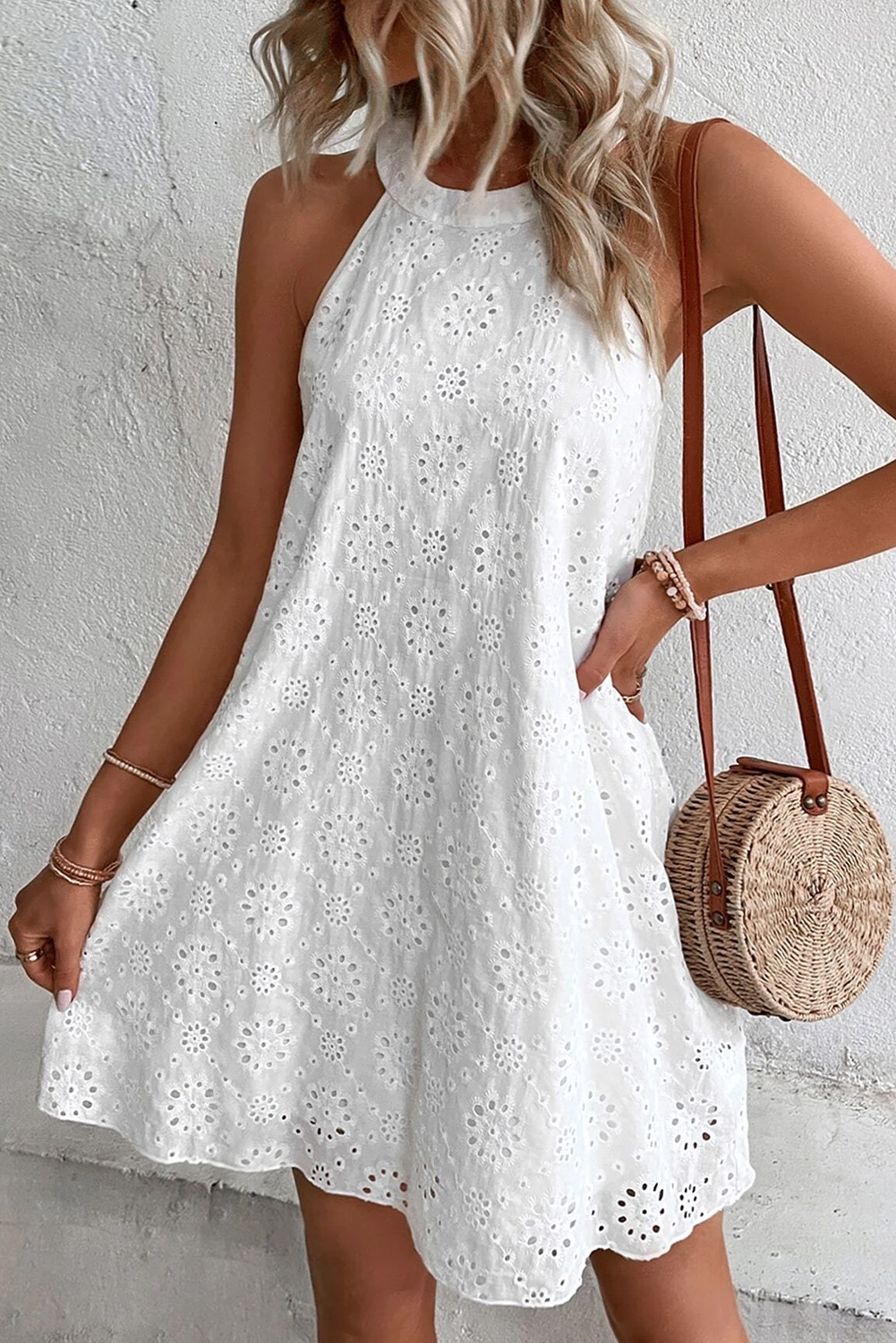 White Boho Eyelet Pattern Halter Neck Sleeveless Dress - Image 4