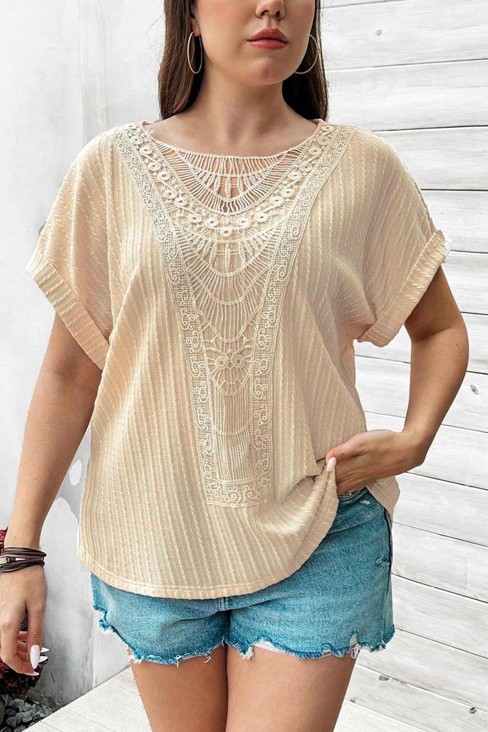 Beige Lace Crochet Patched Cable Textured Cuffed Short Sleeve Plus Size Top - Image 3