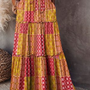 Orange Tiered Paisley Print Pocketed Maxi Skirt