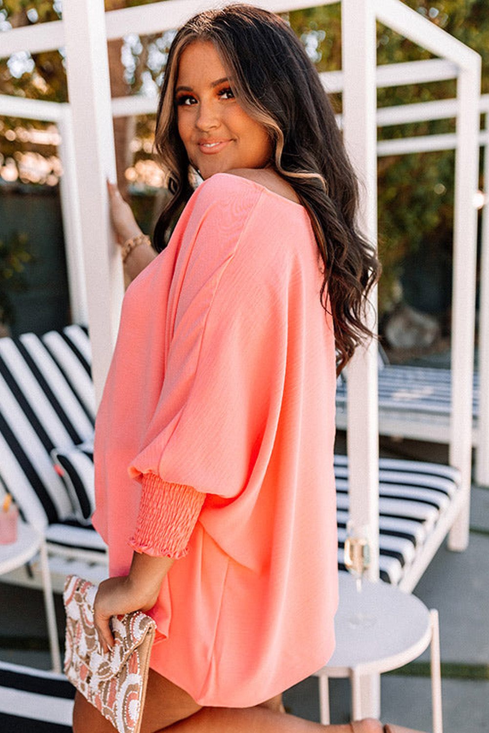 Blossom Shirred Cuffs Half Sleeve Plus Size Textured Blouse - Image 3