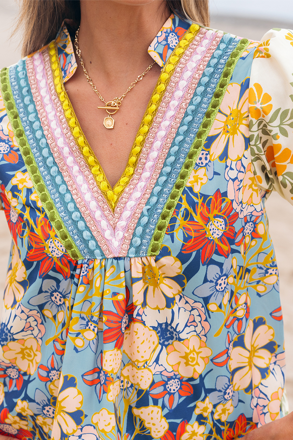 Multicolour Crochet V Neck Half Sleeve Boho Floral Blouse - Image 8