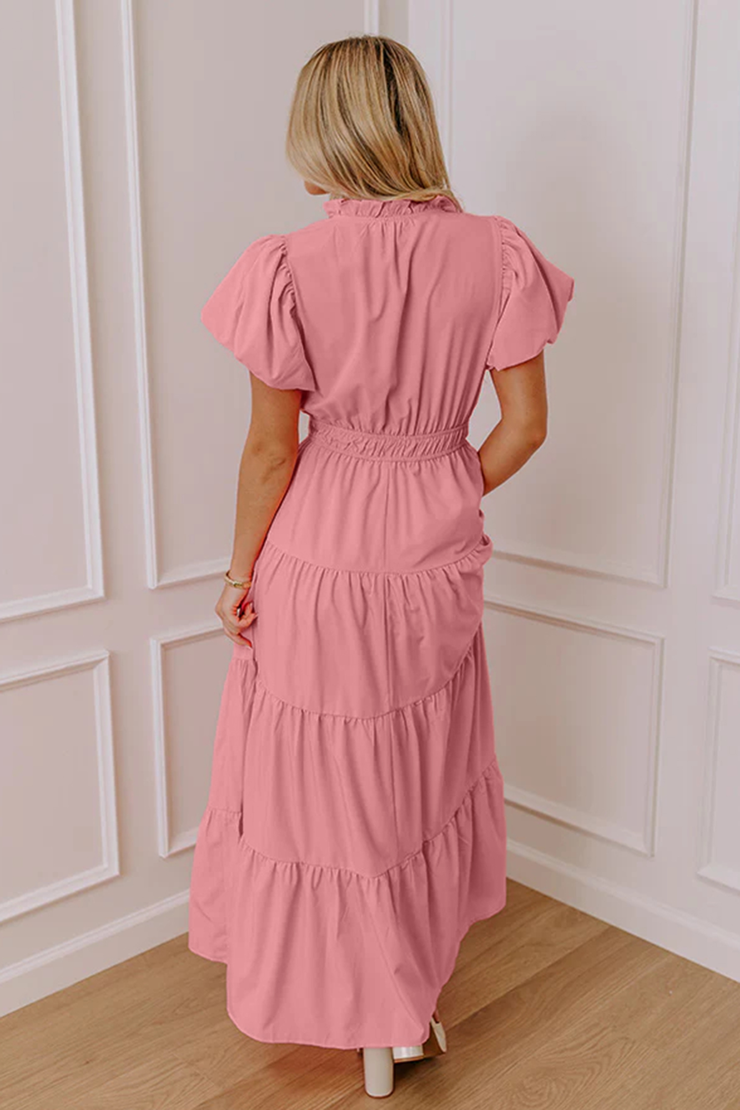 Gossamer Pink Solid Color V Neck Short Puff Sleeve High Waist Tiered Maxi Dress - Image 2