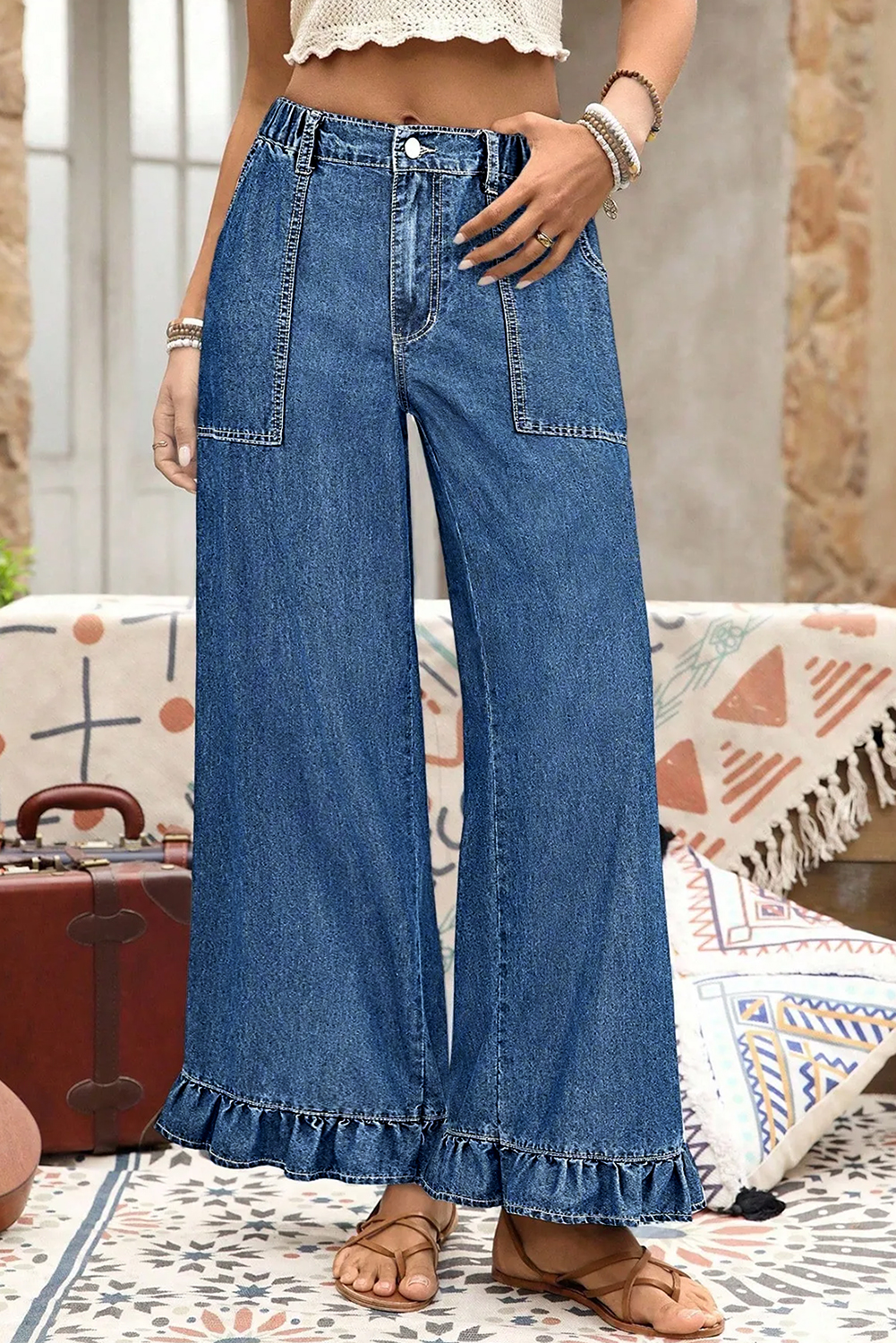 Black Plus Size Elastic Waist Ruffled Wide Leg Denim Pants - Image 10