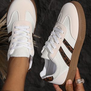 White Textured Woven PU Leather Leopard Patchwork Flat Sneakers