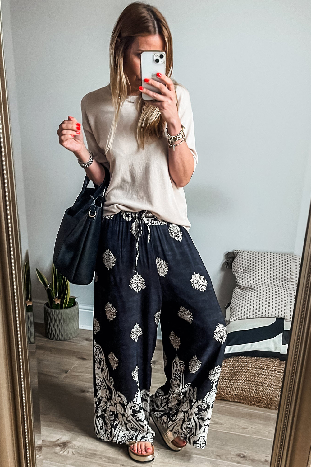 Black Bohemian Printed Drawstring Elastic Waistband Wide Leg Pants - Image 3