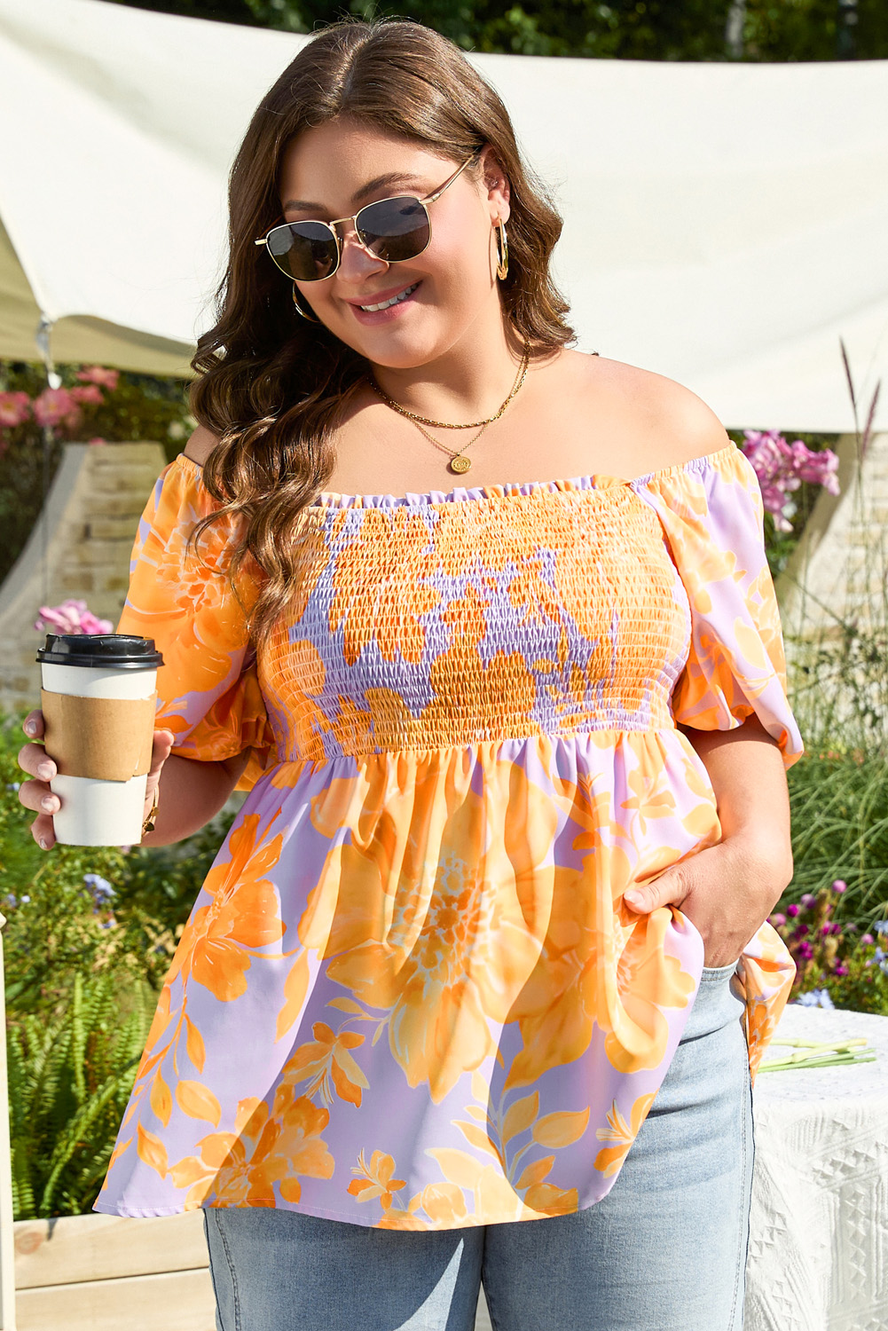 Purple Floral Puff Sleeve Square Neck Smocked Plus Size Babydoll Blouse - Image 5