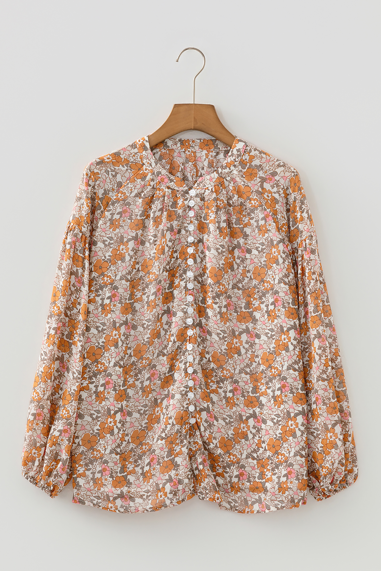 Orange Bohemian Floral Puff Sleeve Full Button Shirt - Image 7