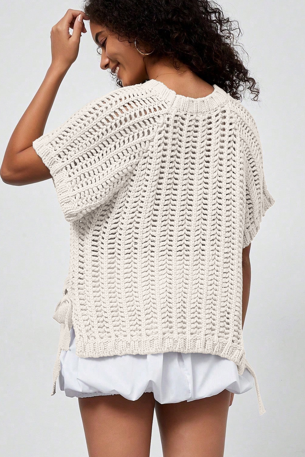 Ashleigh Blue Plus Size Open Knit Bow Tie Short Sleeve Sweater - Image 5