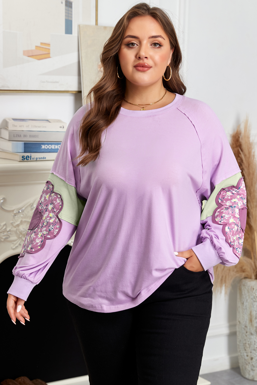Phalaenopsis Flower Patch Colorblock Plus Size Pullover Top - Image 7