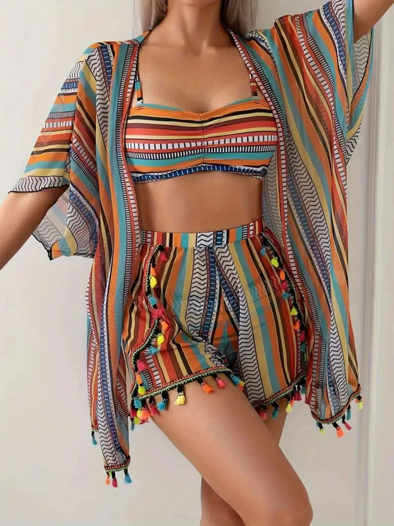Striped Bikini Set with Cover-Up - Image 4