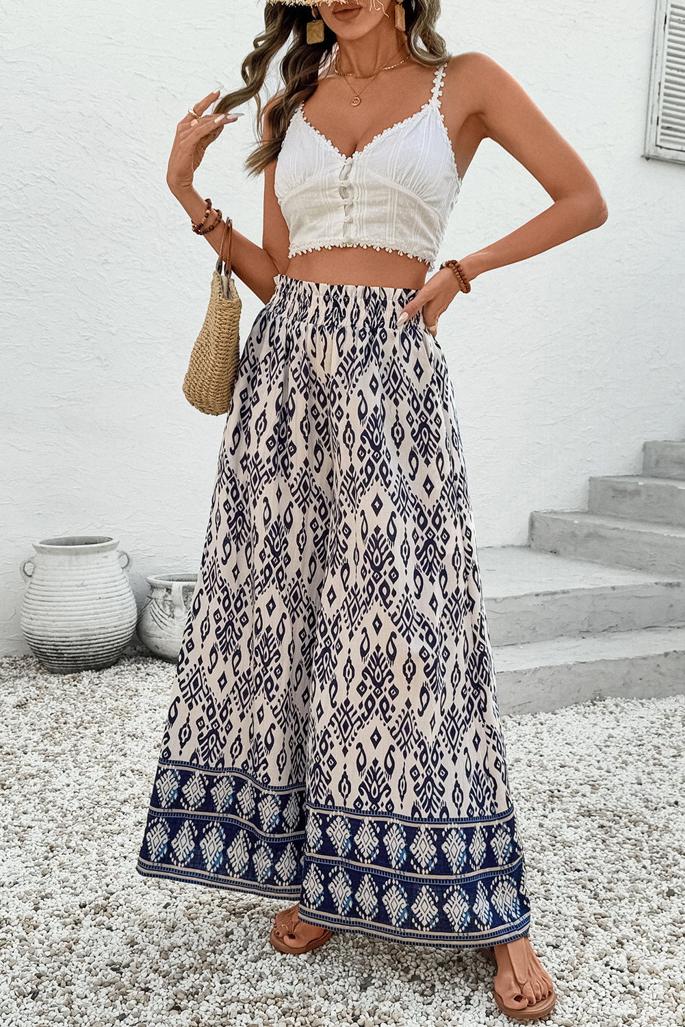 Blue Boho Pattern Print High Waist Wide Leg Loose Pants - Image 5