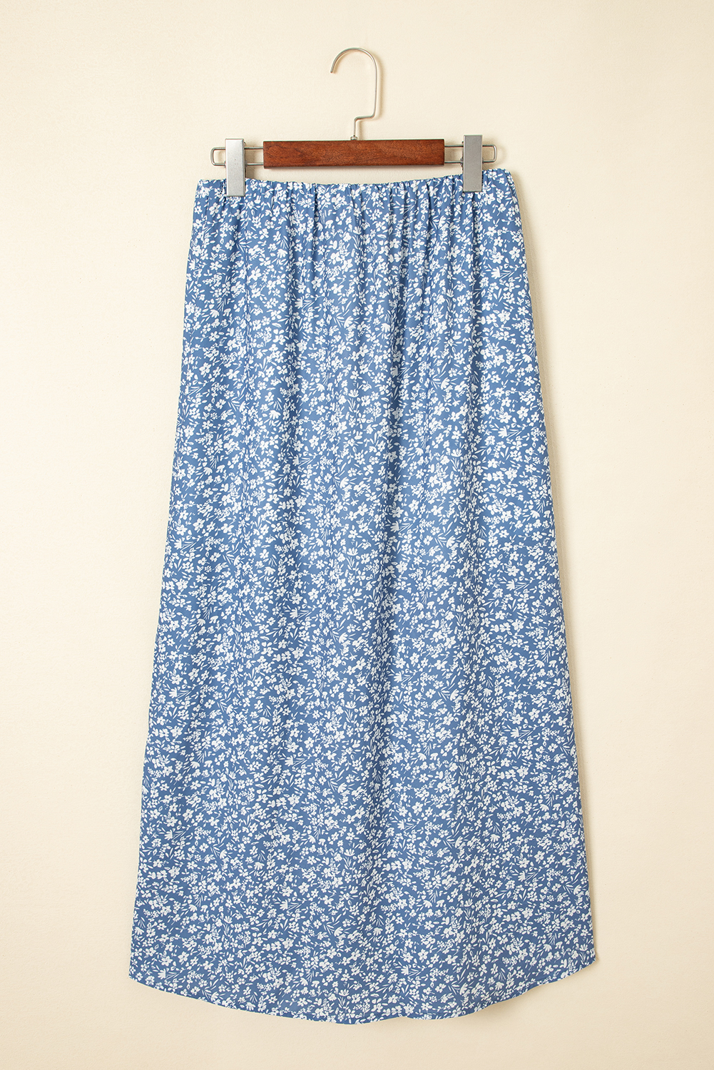 Sky Blue Boho Floral High Waist Long Skirt with Side Split - Image 4