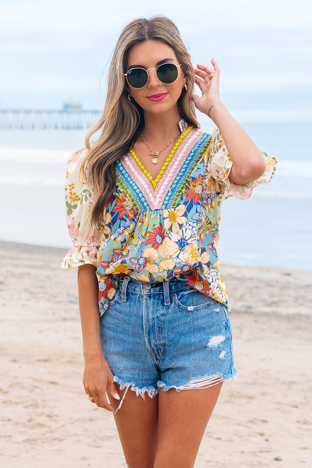 Multicolour Crochet V Neck Half Sleeve Boho Floral Blouse - Image 6