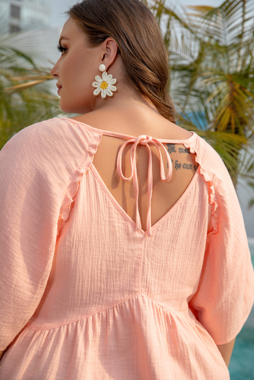 Apricot Pink Plus Size Textured Wide Short Sleeve Babydoll Blouse - Image 6