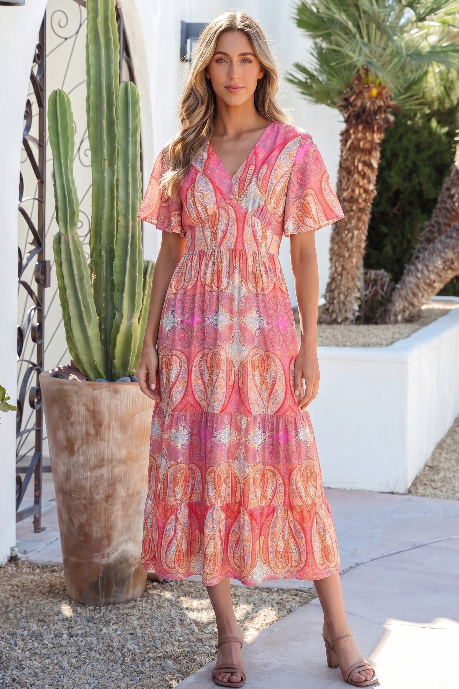 Multicolour Paisley Print V-Neck Short Sleeve Boho Maxi Dress with Ruffle Details - Image 3