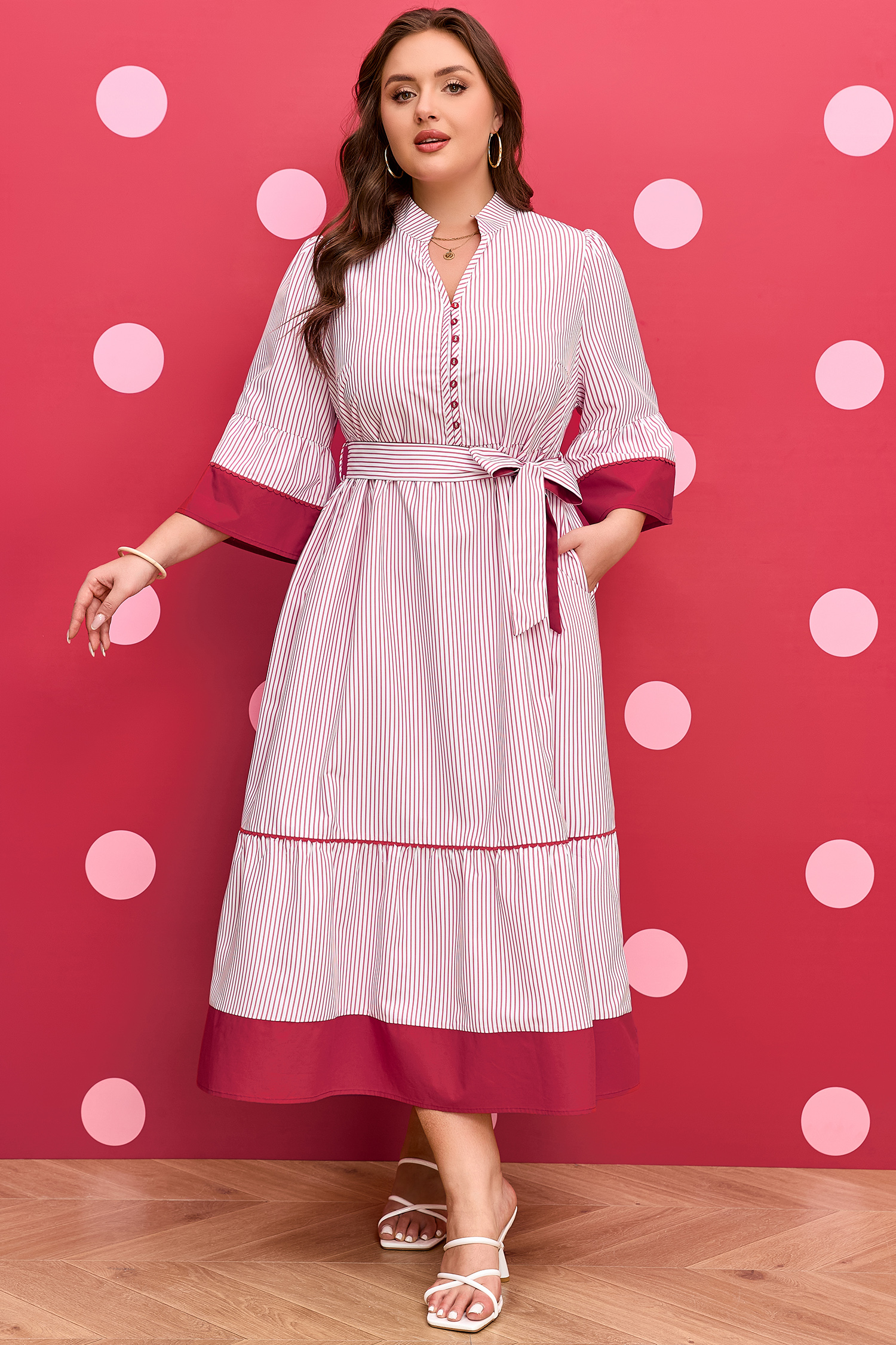 Red Stripe Plus Size Ruffled Hem Pinstriped Midi Dress - Image 4