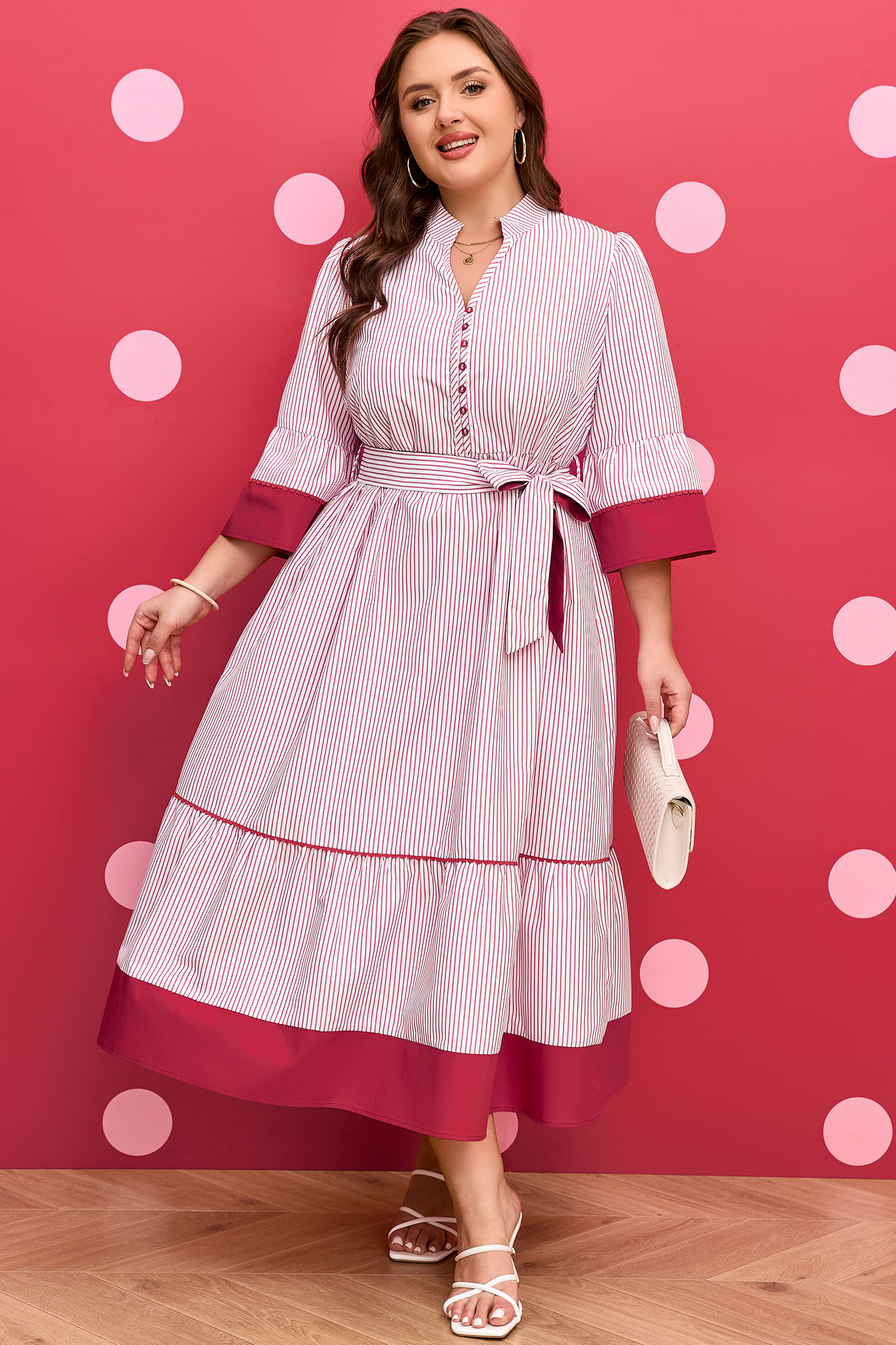 Red Stripe Plus Size Ruffled Hem Pinstriped Midi Dress - Image 6