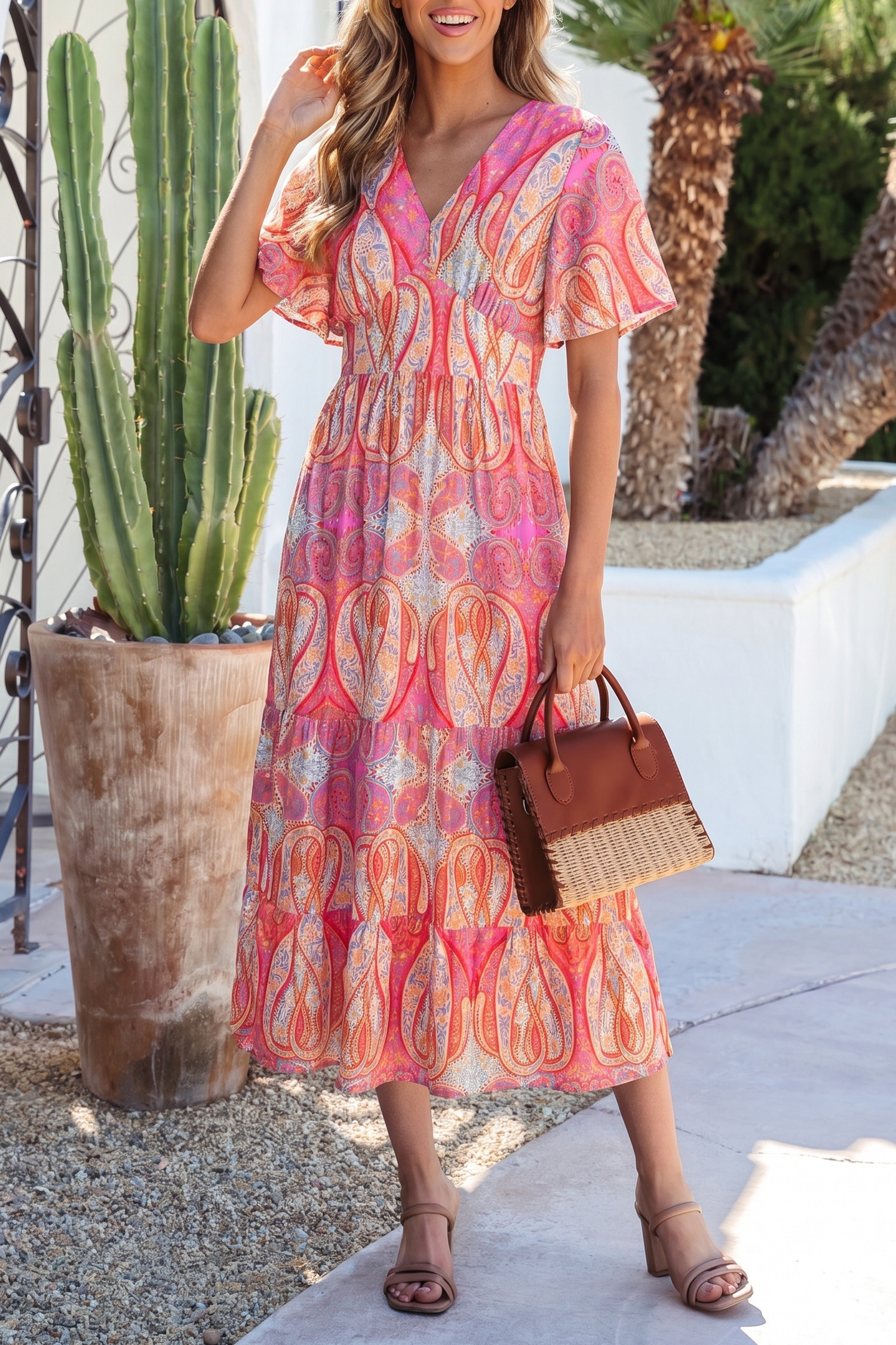 Multicolour Paisley Print V-Neck Short Sleeve Boho Maxi Dress with Ruffle Details - Image 4