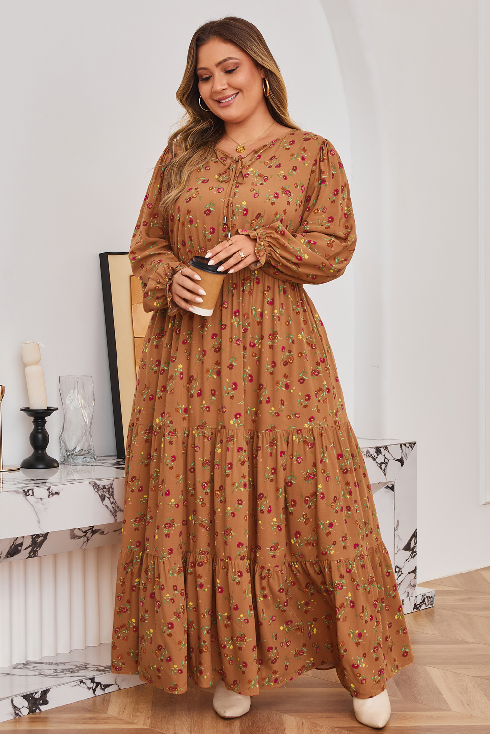 Brown Plus Size Floral Split V Neck Ruffled Sleeve Tiered Maxi Dress - Image 8