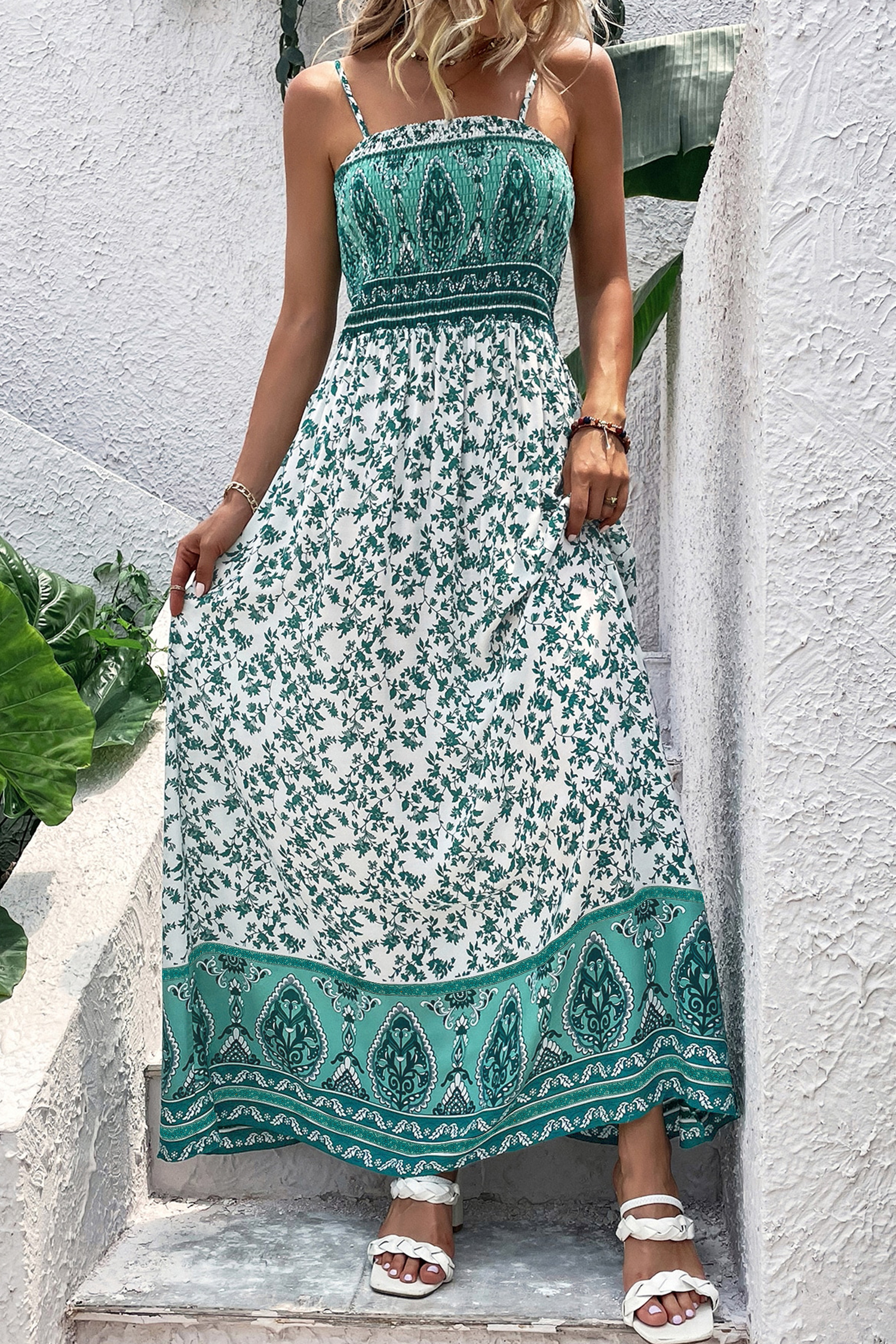 Green Boho Floral Print Shirred Cami Maxi Dress - Image 3