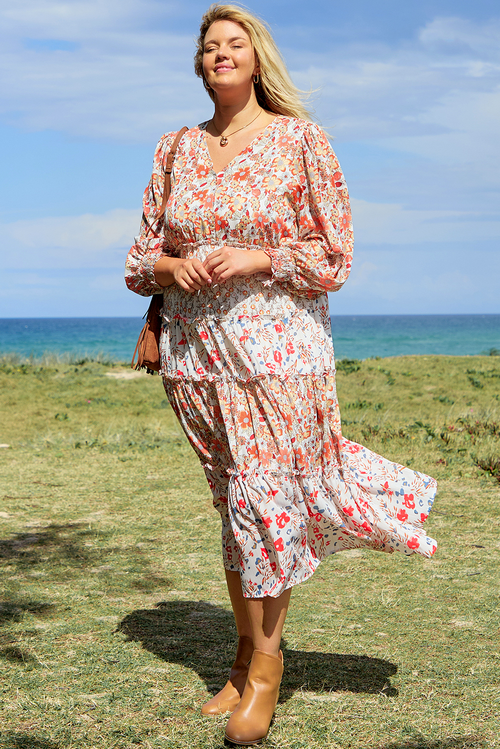 Khaki Plus Size Floral Tiered Ruffle Maxi Dress - Image 7