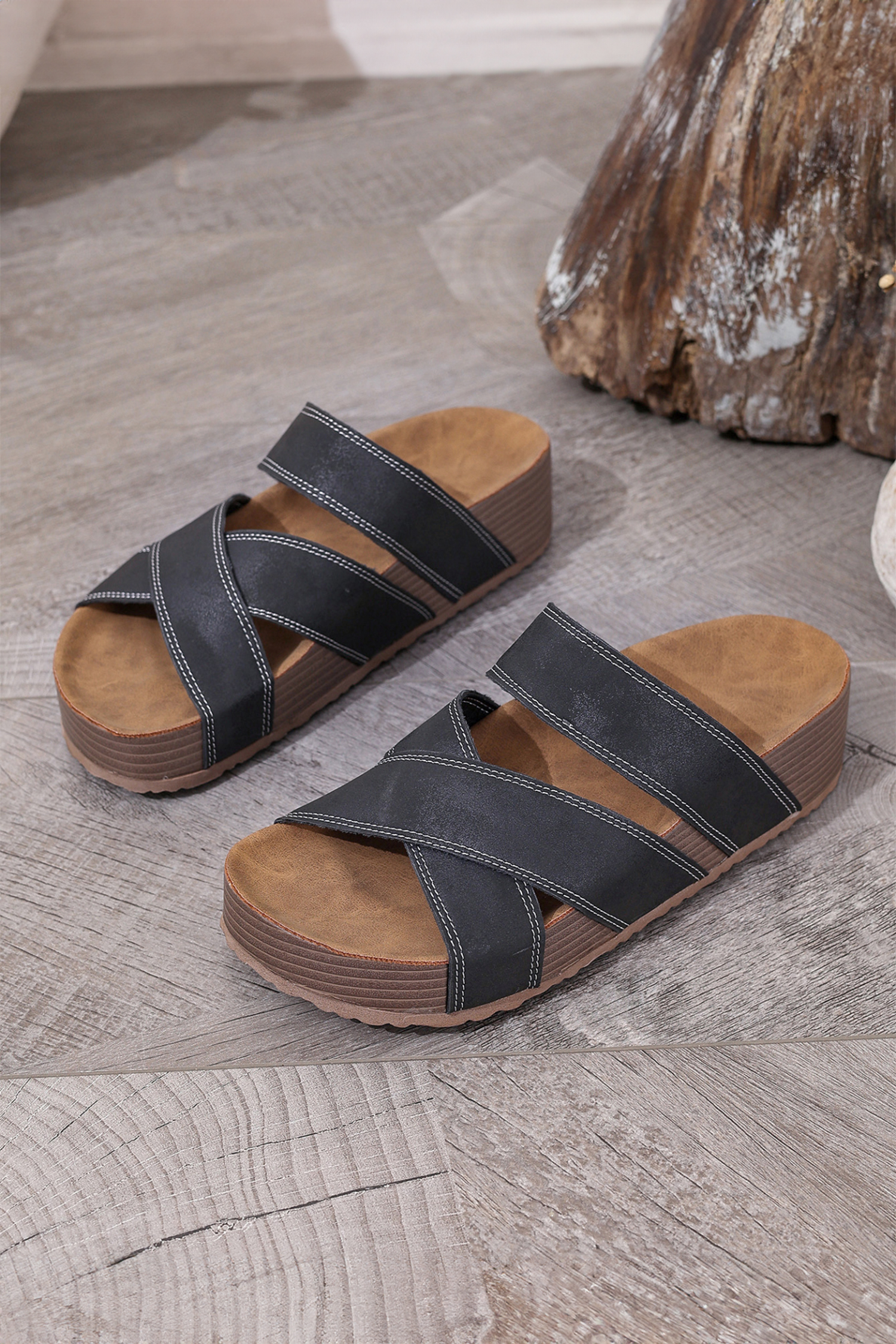 Color black Contrast Stitch Crossed Band Retro Platform Slippers - Image 6