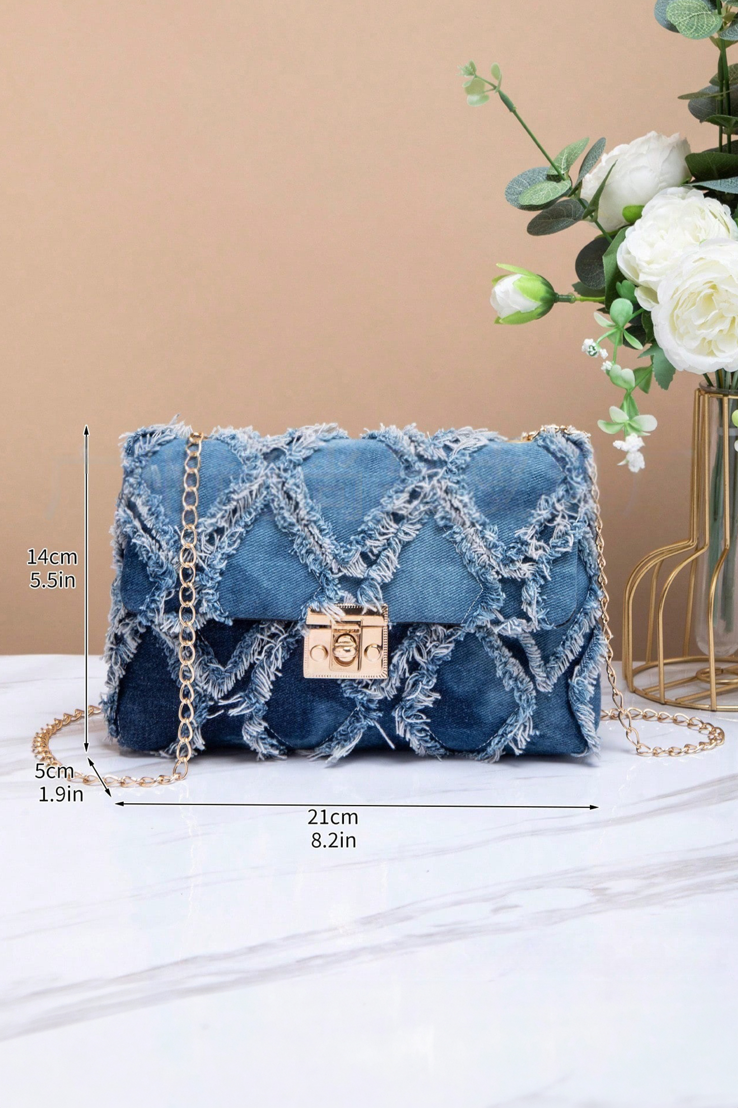 Blue Distressed Lattice Denim Chain Strap Shoulder Bag - Image 7